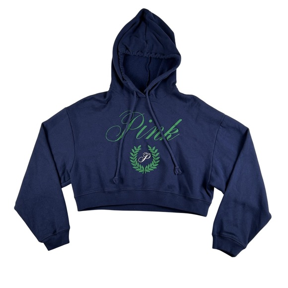 PINK Victoria's Secret Tops - PINK Victoria's Secret Hoodie‎ Womens Medium Blue Cropped Fleece Logo Sweatshirt